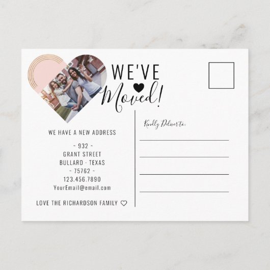 引っ越しましたの新しいアドレス写真ハート移動 案内ポストカード (裏面)
