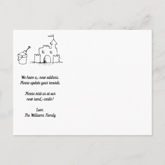 引っ越しましたの新しい自宅の住所のビーチの砂の城 案内ポストカード (裏面)