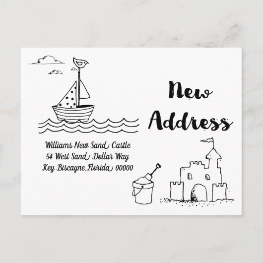 引っ越しましたの新しい自宅の住所のビーチの砂の城 案内ポストカード (正面)