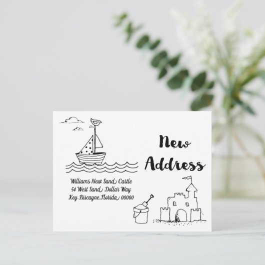 引っ越しましたの新しい自宅の住所のビーチの砂の城 案内ポストカード (スタンド正面)