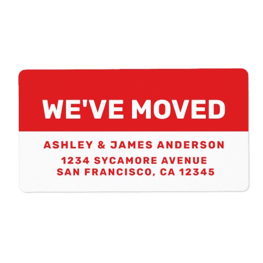 引っ越しましたの明るい赤の白の新しい住所ラベル ラベル (正面)
