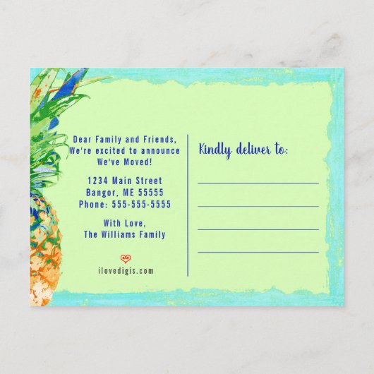 引っ越しましたの熱帯パイナップル新しい住所移動 案内ポストカード (裏面)