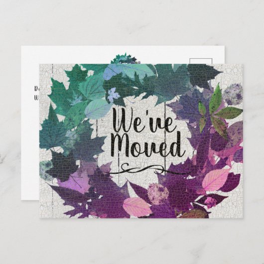 引っ越しましたの素朴なリースのティール(緑がかった色)の紫色移動 案内ポストカード (正面/裏面)