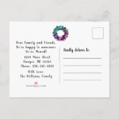 引っ越しましたの素朴なリースのティール（緑がかった色）の紫色移動 案内ポストカード (裏面)