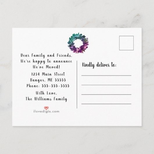 引っ越しましたの素朴なリースのティール(緑がかった色)の紫色移動 案内ポストカード (裏面)