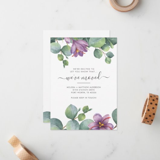 引っ越しましたの緑のユーカリの葉の移動 ノートカード (正面/裏面インサイチュ)