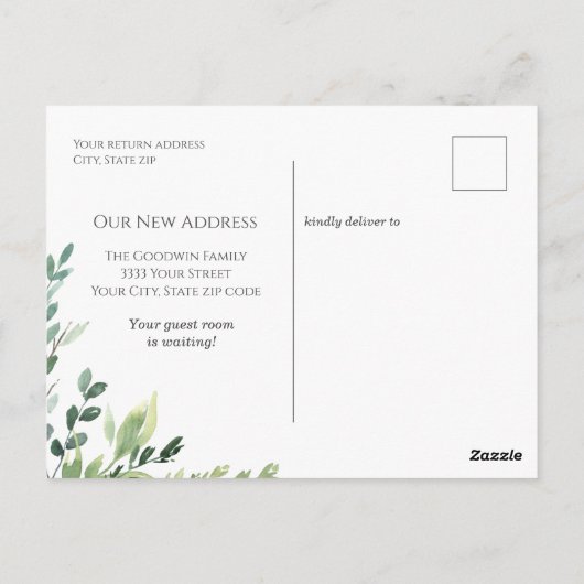 引っ越しましたの緑の動く発表 ポストカード (裏面)