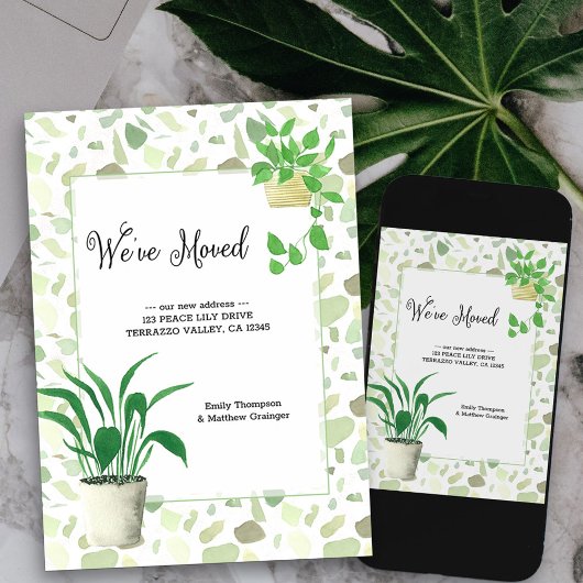 引っ越しましたの観葉植物とテラゾーフィング 案内状