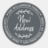 引っ越しましたの黒い新しい住所ラベル ラウンドシール (正面)