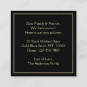 引っ越しましたの黒および金ゴールドのモダンなエンクロージャカード スクエア名刺 (裏面)