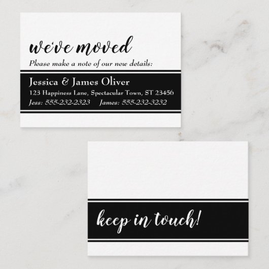引っ越しましたはっきりしたカード、白(黒いストリップ付き) 名刺 (正面/裏面)