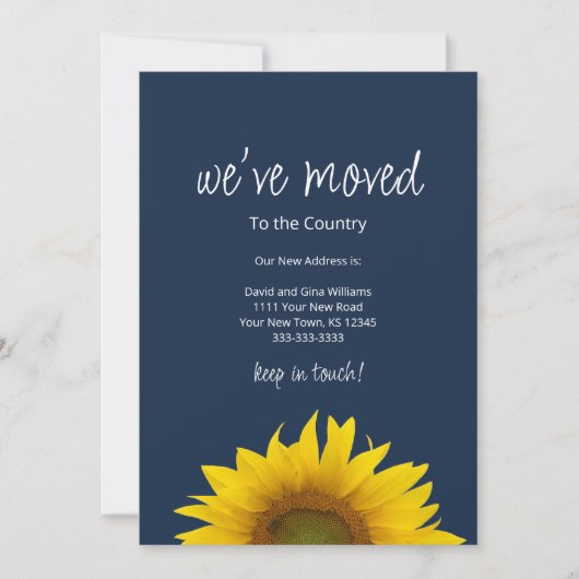 引っ越しましたひまわりネイビーブルームービング 案内状 (正面)