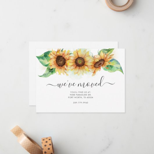 引っ越しましたひまわり水彩フローラ移動 ノートカード (正面/裏面インサイチュ)