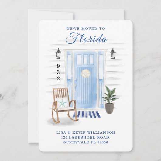 引っ越しましたへの新しいアドレス沿岸水の色のドア 案内状 (正面)