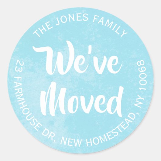 引っ越しましたアクアブルーウォーターカラー差出人住所 ラウンドシール (正面)
