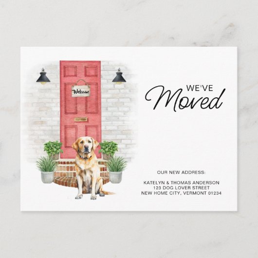 引っ越しましたイエローラブラドールレッドドアドッグ移動 案内ポストカード (正面)