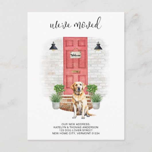 引っ越しましたイエローラブラドールレッドドアドッグ移動 案内ポストカード (正面)