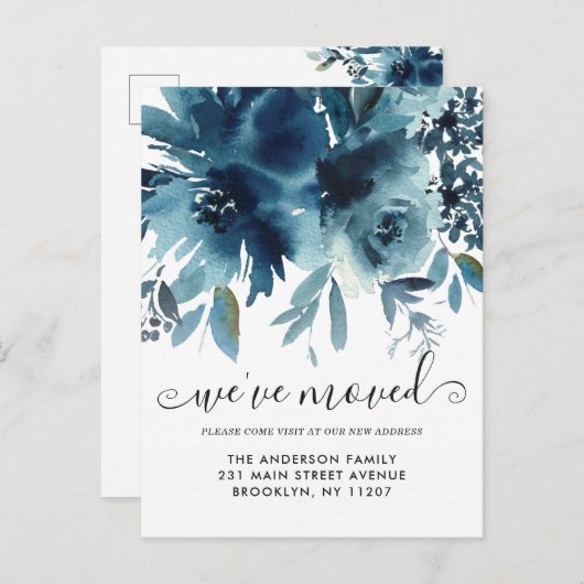 引っ越しましたエレガントフローラネイビーブルーバラ移動 案内ポストカード (正面/裏面)