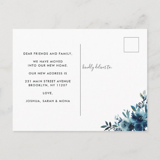 引っ越しましたエレガントフローラネイビーブルーバラ移動 案内ポストカード (裏面)