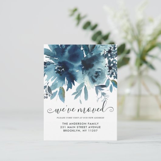 引っ越しましたエレガントフローラネイビーブルーバラ移動 案内ポストカード (スタンド正面)