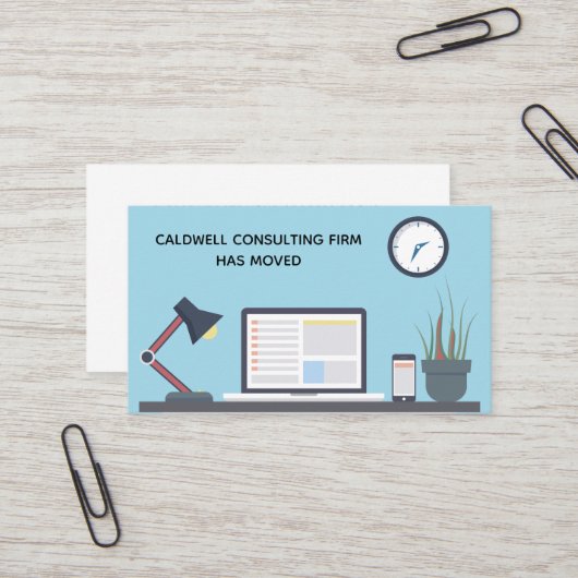 引っ越しましたオフィスかわいいブルーデスク 名刺 (正面/裏面インサイチュ)