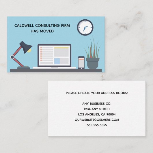 引っ越しましたオフィスかわいいブルーデスク 名刺 (正面/裏面)