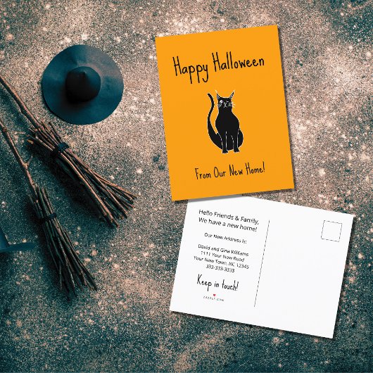 引っ越しましたオレンジハロウィーンブラックキャットムービング 案内ポストカード