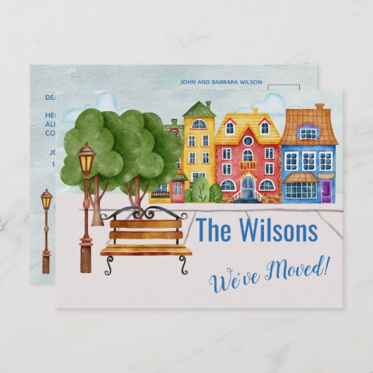 引っ越しましたカラフル市生活予算の引越 案内ポストカード (正面/裏面)