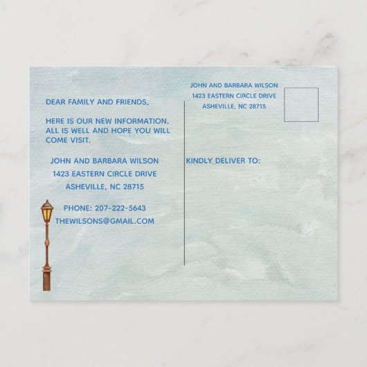 引っ越しましたカラフル市生活予算の引越 案内ポストカード (裏面)