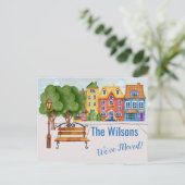 引っ越しましたカラフル市生活予算の引越 案内ポストカード (スタンド正面)