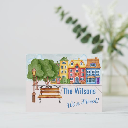 引っ越しましたカラフル市生活予算の引越 案内ポストカード (スタンド正面)