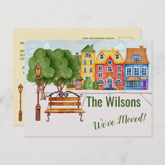 引っ越しましたカラフル市生活予算の引越 案内ポストカード (正面/裏面)