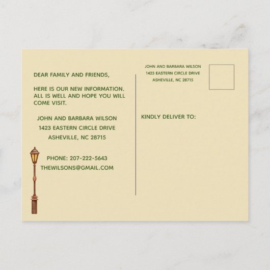 引っ越しましたカラフル市生活予算の引越 案内ポストカード (裏面)