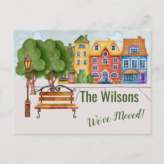引っ越しましたカラフル市生活予算の引越 案内ポストカード (正面)