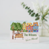 引っ越しましたカラフル市生活予算の引越 案内ポストカード (スタンド正面)