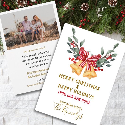 引っ越しましたクリスマスベルズレッドボウホリデーフォト 案内状
