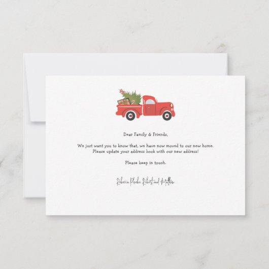 引っ越しましたクリスマスホリデーレッドトラック移動 ノートカード (裏面)