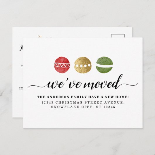 引っ越しましたクリスマスボールオーナメントホリデームービング 案内ポストカード (正面/裏面)