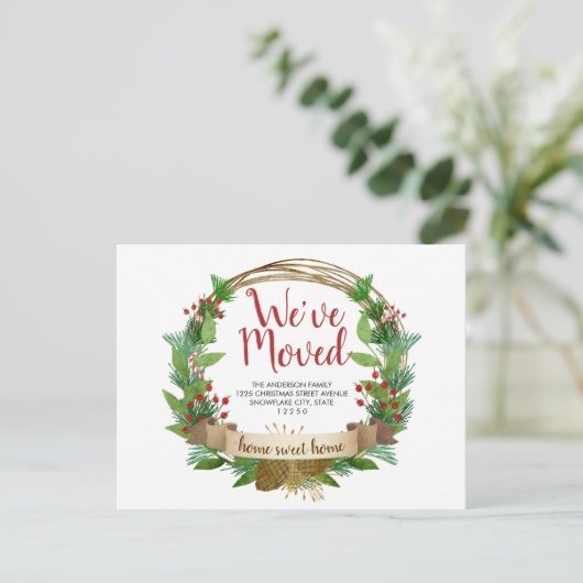 引っ越しましたクリスマスリースアコーンホリデームービング 案内ポストカード (スタンド正面)