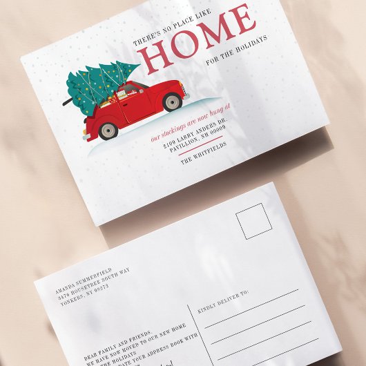 引っ越しましたクリスマス新しいアドレス赤い車の移動 案内ポストカード