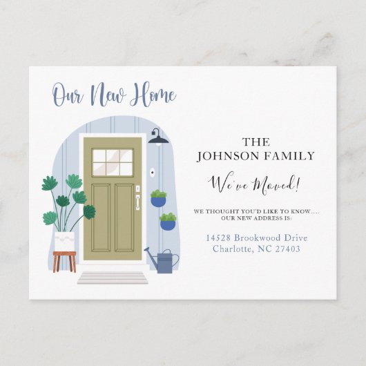 引っ越しましたグリーンウォーターカラードアの発表 ポストカード (正面)