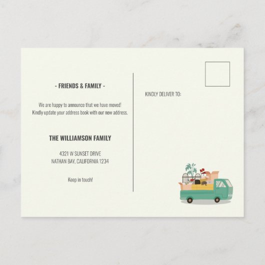 引っ越しましたグリーントラックが道路上を移動 案内ポストカード (裏面)