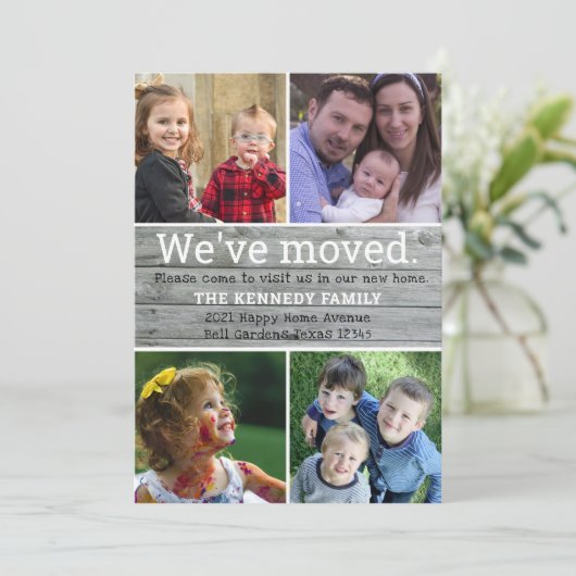 引っ越しましたグレイ木材4フォトコラージュニューホーム 案内状 (スタンド正面)