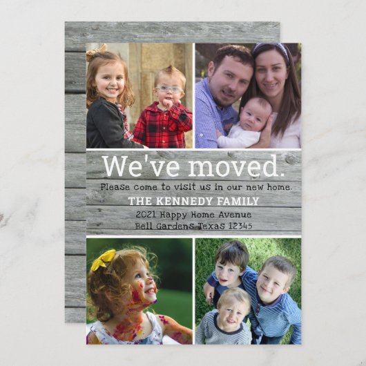 引っ越しましたグレイ木材4フォトコラージュニューホーム 案内状 (正面/裏面)