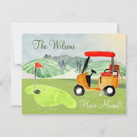 引っ越しましたゴルフカートの緑の定年の移動 案内状 (正面)