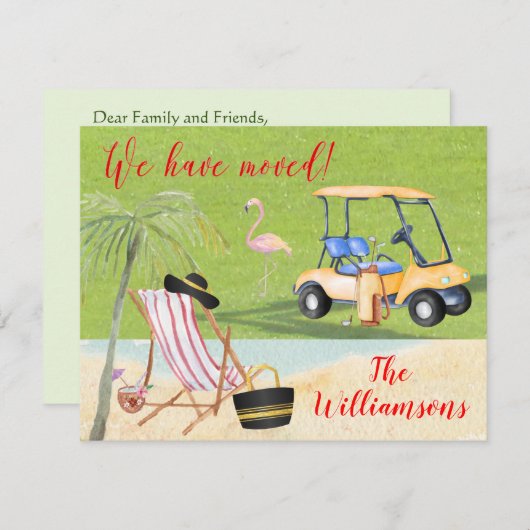 引っ越しましたゴルフビーチバジェットフラットムーブ 案内状 (正面/裏面)
