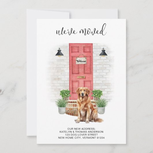 引っ越しましたゴールデンレトリバー赤いドアドッグ移動 案内状 (正面)