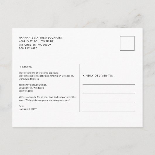 引っ越しましたシックなスクリプトの移動告知 案内ポストカード (裏面)