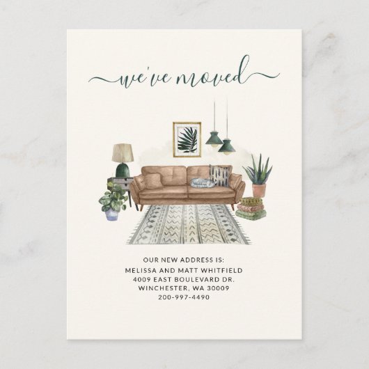 引っ越しましたシックなリビングルームの移動告知 ポストカード (正面)