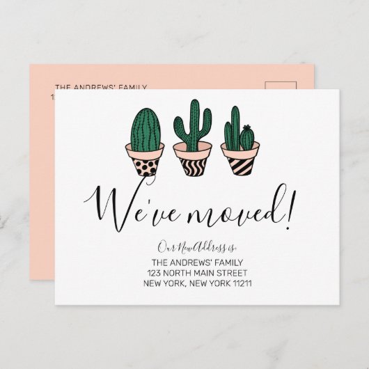 引っ越しましたシンプルかわいいグリーンピンクサボテン移動 案内ポストカード (正面/裏面)